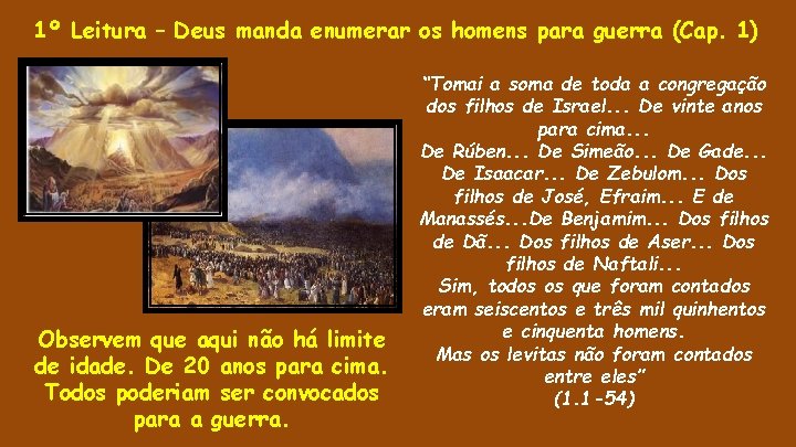 1º Leitura – Deus manda enumerar os homens para guerra (Cap. 1) Observem que