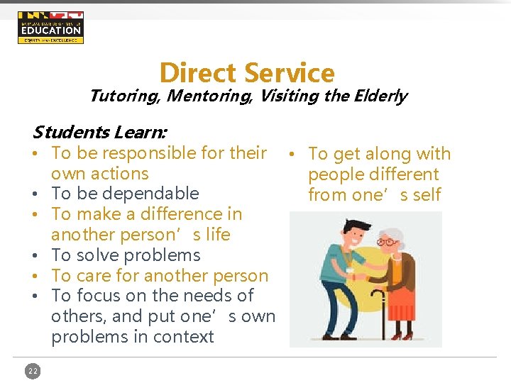 Direct Service Tutoring, Mentoring, Visiting the Elderly Students Learn: • To be responsible for