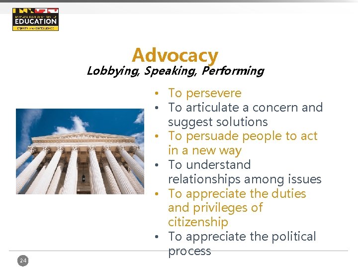 Advocacy Lobbying, Speaking, Performing 24 • To persevere • To articulate a concern and