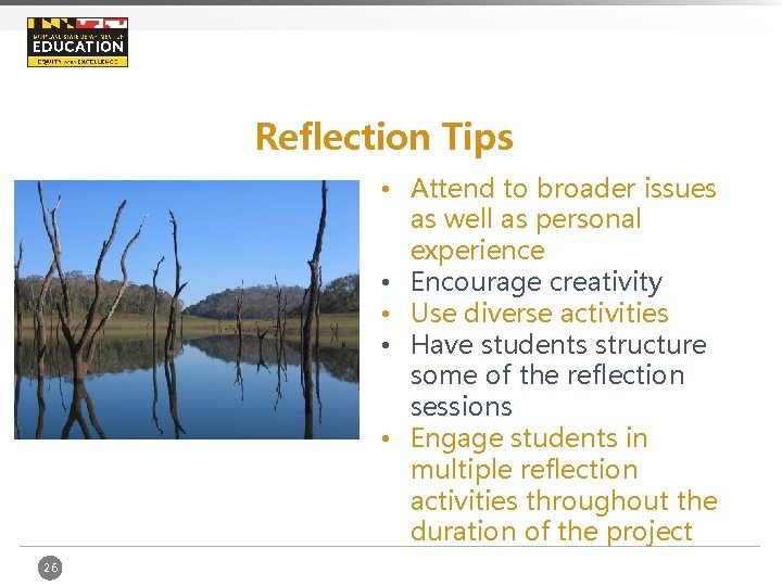 Reflection Tips • Attend to broader issues as well as personal experience • Encourage