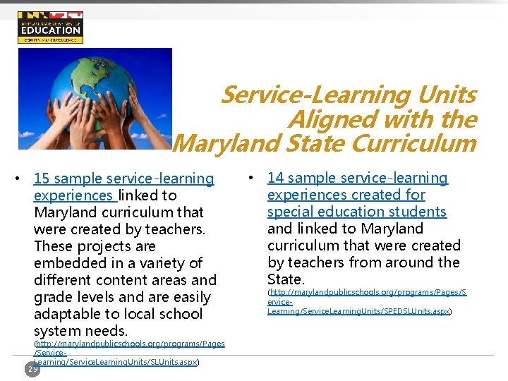 Service-Learning Units Aligned with the Maryland State Curriculum • 15 sample service-learning experiences linked