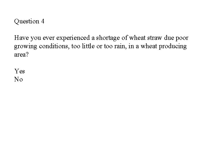 Question 4 Have you ever experienced a shortage of wheat straw due poor growing Question 4 Have you ever experienced a shortage of wheat straw due poor growing