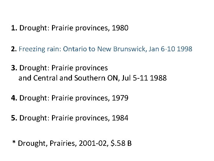 1. Drought: Prairie provinces, 1980 2. Freezing rain: Ontario to New Brunswick, Jan 6 1. Drought: Prairie provinces, 1980 2. Freezing rain: Ontario to New Brunswick, Jan 6