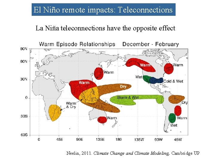 El Niño remote impacts: Teleconnections La Niña teleconnections have the opposite effect Neelin, 2011.