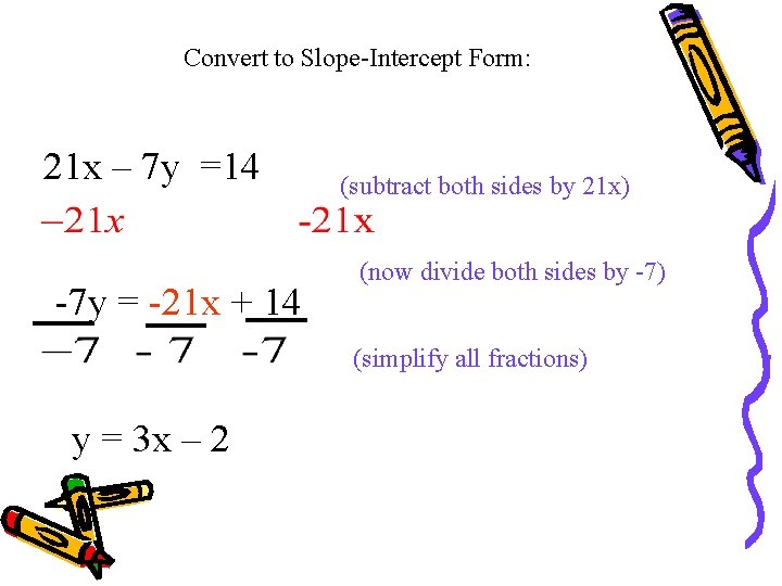 Convert to Slope-Intercept Form: 21 x – 7 y =14 -7 y = -21