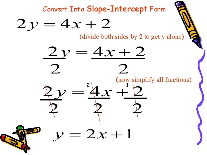 Convert Into Slope-Intercept Form (divide both sides by 2 to get y alone) 2