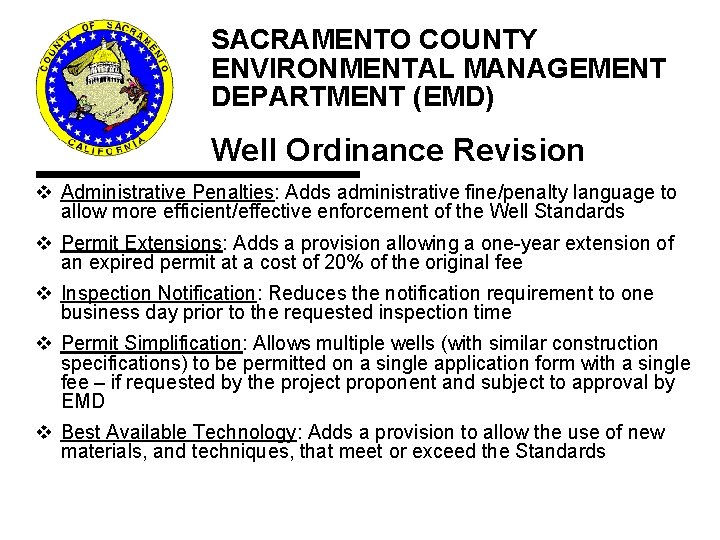 Summary SACRAMENTO COUNTY ENVIRONMENTAL MANAGEMENT DEPARTMENT (EMD) Well Ordinance Revision v Administrative Penalties: Adds Summary SACRAMENTO COUNTY ENVIRONMENTAL MANAGEMENT DEPARTMENT (EMD) Well Ordinance Revision v Administrative Penalties: Adds