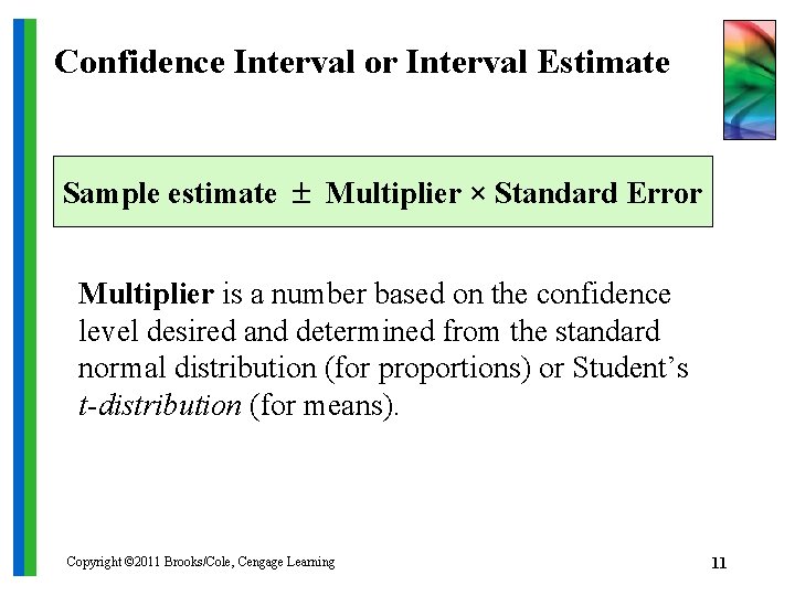 Confidence Interval or Interval Estimate Sample estimate Multiplier × Standard Error Multiplier is a
