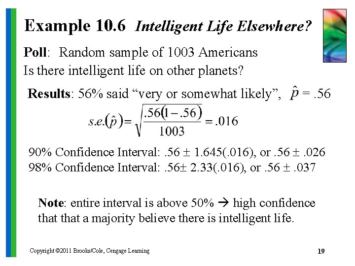 Example 10. 6 Intelligent Life Elsewhere? Poll: Random sample of 1003 Americans Is there