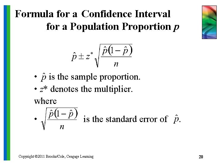 Formula for a Confidence Interval for a Population Proportion p • is the sample