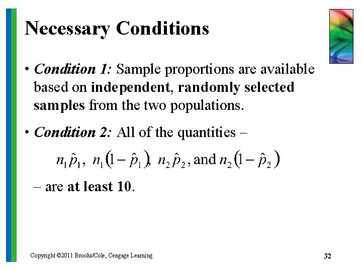 Necessary Conditions • Condition 1: Sample proportions are available based on independent, randomly selected