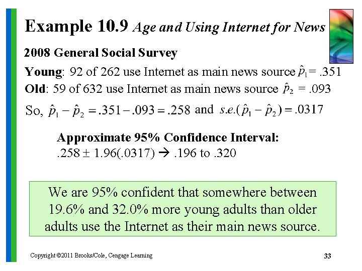 Example 10. 9 Age and Using Internet for News 2008 General Social Survey Young: