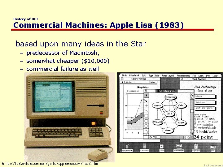 History of HCI Commercial Machines: Apple Lisa (1983) based upon many ideas in the