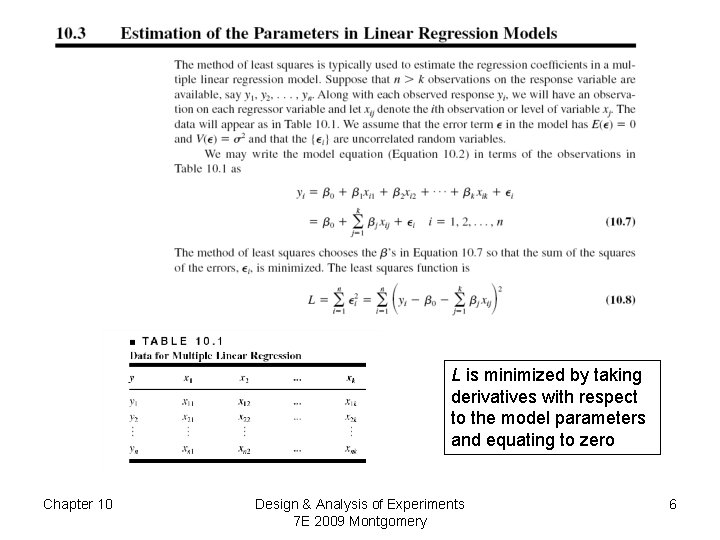 L is minimized by taking derivatives with respect to the model parameters and equating