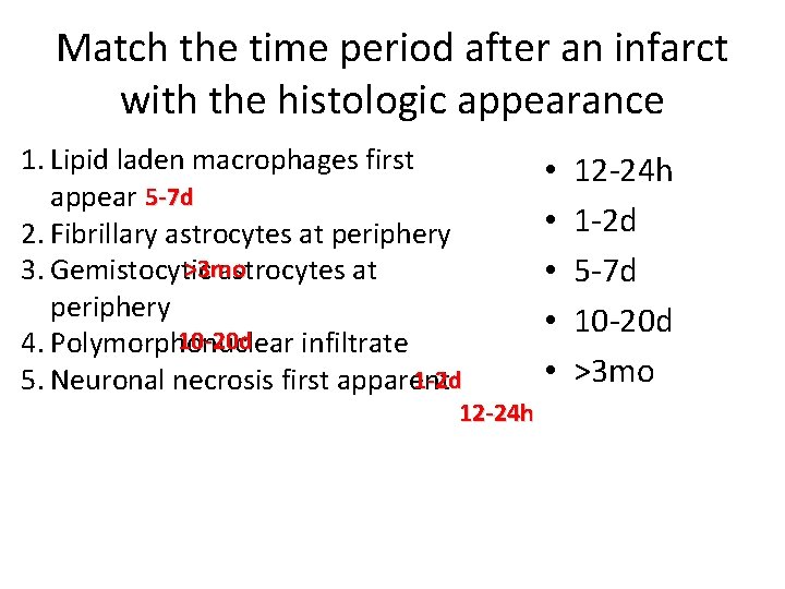 Match the time period after an infarct with the histologic appearance 1. Lipid laden