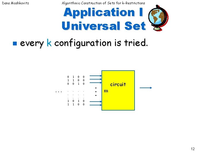 Dana Moshkovitz n Algorithmic Construction of Sets for k-Restrictions Application I Universal Set every Dana Moshkovitz n Algorithmic Construction of Sets for k-Restrictions Application I Universal Set every