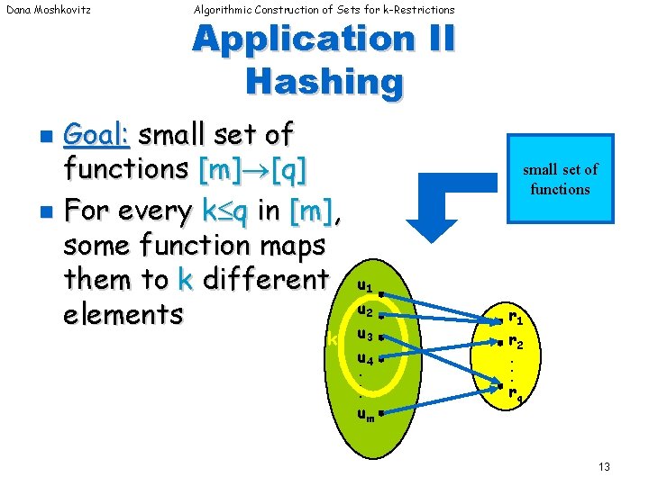 Dana Moshkovitz Algorithmic Construction of Sets for k-Restrictions Application II Hashing Goal: small set Dana Moshkovitz Algorithmic Construction of Sets for k-Restrictions Application II Hashing Goal: small set