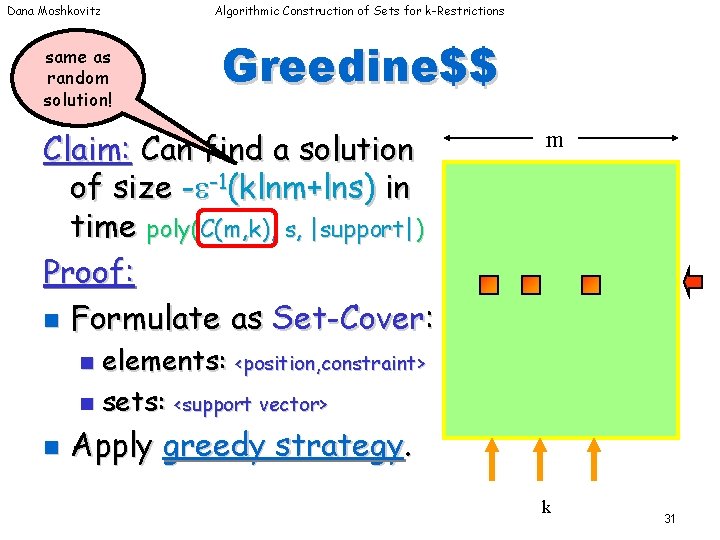 Dana Moshkovitz same as random solution! Algorithmic Construction of Sets for k-Restrictions Greedine$$ Claim: Dana Moshkovitz same as random solution! Algorithmic Construction of Sets for k-Restrictions Greedine$$ Claim: