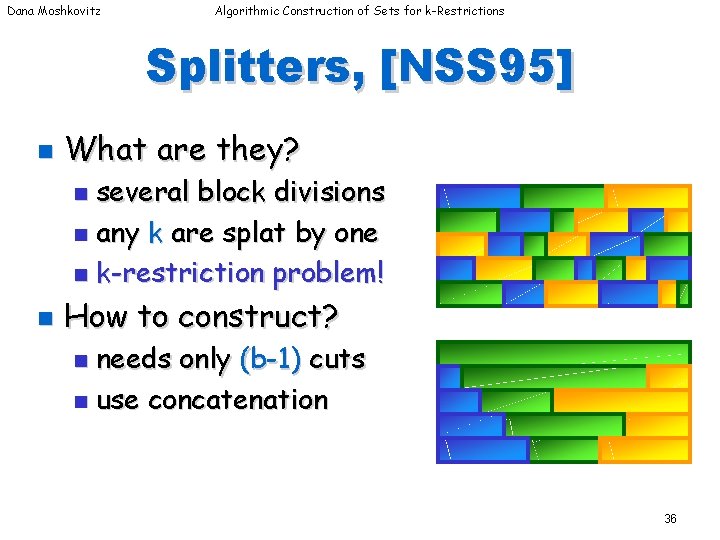 Dana Moshkovitz Algorithmic Construction of Sets for k-Restrictions Splitters, [NSS 95] n What are
