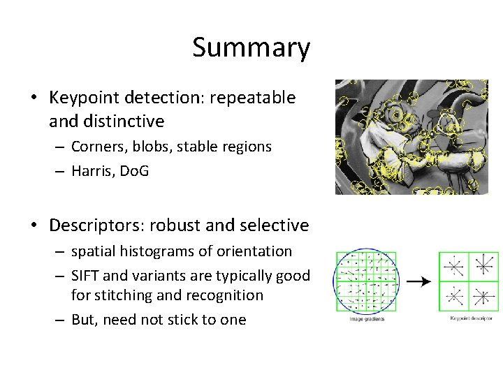Summary • Keypoint detection: repeatable and distinctive – Corners, blobs, stable regions – Harris, Summary • Keypoint detection: repeatable and distinctive – Corners, blobs, stable regions – Harris,