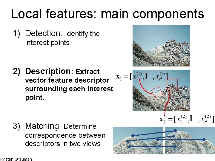 Local features: main components 1) Detection: Identify the interest points 2) Description: Extract vector Local features: main components 1) Detection: Identify the interest points 2) Description: Extract vector
