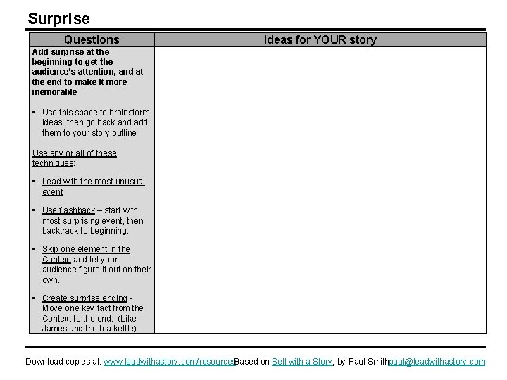 Surprise Questions Ideas for YOUR story Add surprise at the beginning to get the
