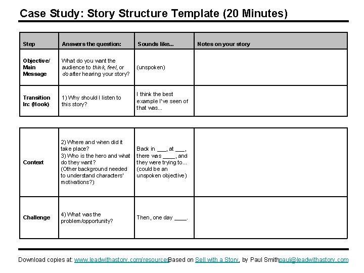 Case Study: Story Structure Template (20 Minutes) Step Answers the question: Sounds like. .