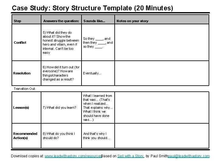 Case Study: Story Structure Template (20 Minutes) Step Answers the question: Sounds like. .
