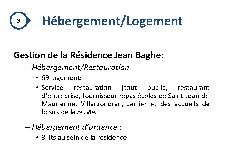 3 Hébergement/Logement Gestion de la Résidence Jean Baghe: – Hébergement/Restauration • 69 logements •