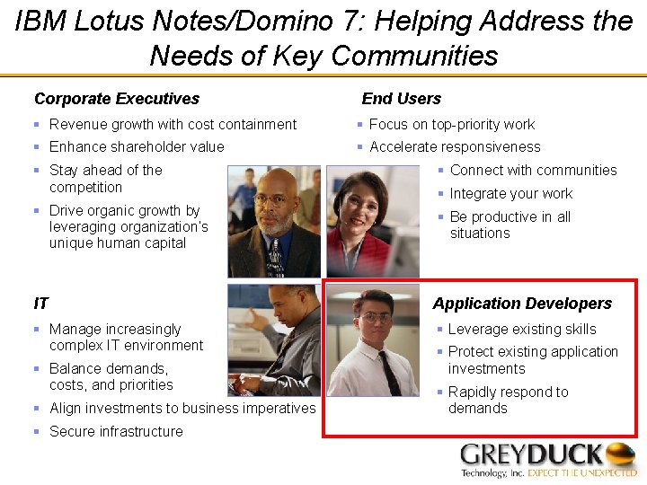 IBM Lotus Notes/Domino 7: Helping Address the Needs of Key Communities Corporate Executives End
