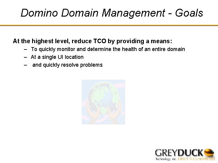 Domino Domain Management - Goals At the highest level, reduce TCO by providing a