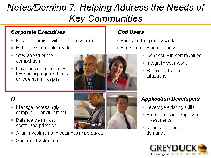 Notes/Domino 7: Helping Address the Needs of Key Communities Corporate Executives End Users §