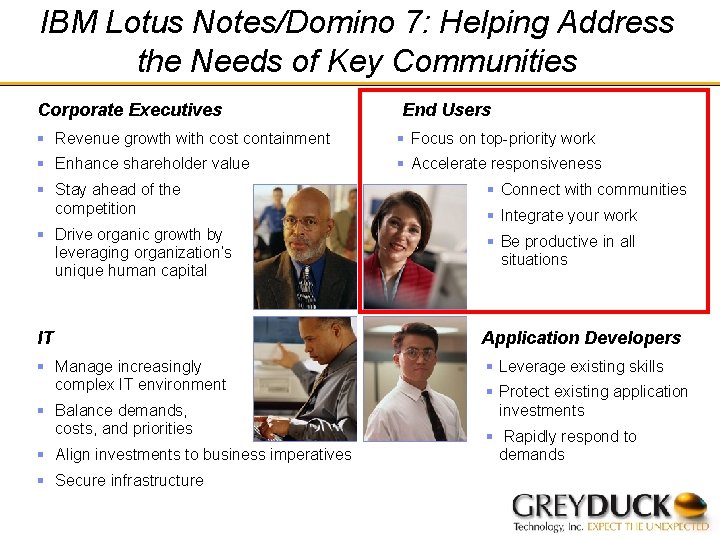 IBM Lotus Notes/Domino 7: Helping Address the Needs of Key Communities Corporate Executives End