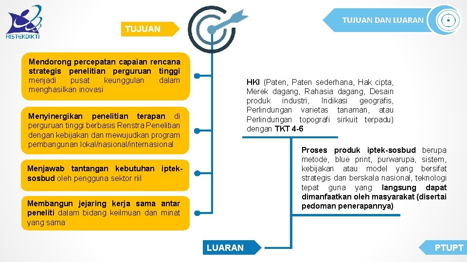 TUJUAN DAN LUARAN TUJUAN Mendorong percepatan capaian rencana strategis penelitian perguruan tinggi menjadi pusat