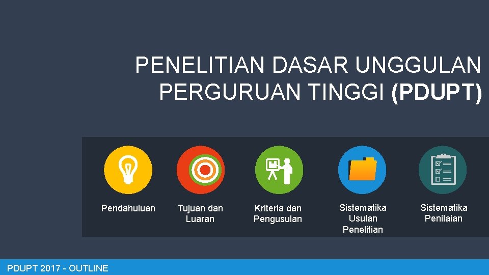 PENELITIAN DASAR UNGGULAN PERGURUAN TINGGI (PDUPT) Pendahuluan PDUPT 2017 - OUTLINE Tujuan dan Luaran