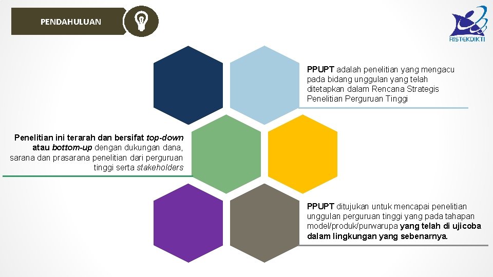 PENDAHULUAN Penelitian ini terarah dan bersifat top-down atau bottom-up dengan dukungan dana, sarana dan