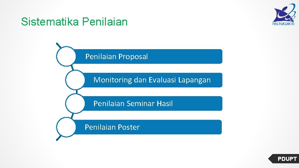 Sistematika Penilaian Proposal Monitoring dan Evaluasi Lapangan Penilaian Seminar Hasil Penilaian Poster PDUPT 