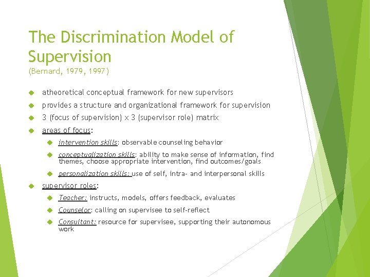 The Discrimination Model of Supervision (Bernard, 1979, 1997) atheoretical conceptual framework for new supervisors