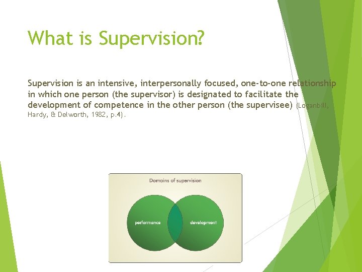 What is Supervision? Supervision is an intensive, interpersonally focused, one-to-one relationship in which one