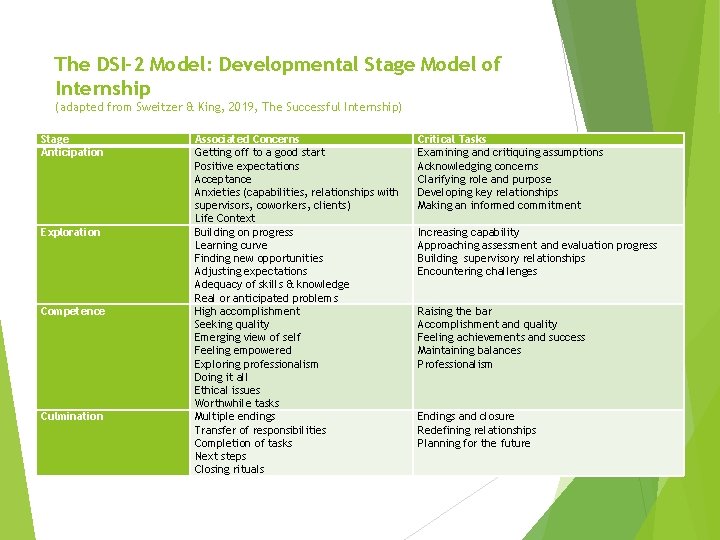 The DSI-2 Model: Developmental Stage Model of Internship (adapted from Sweitzer & King, 2019,