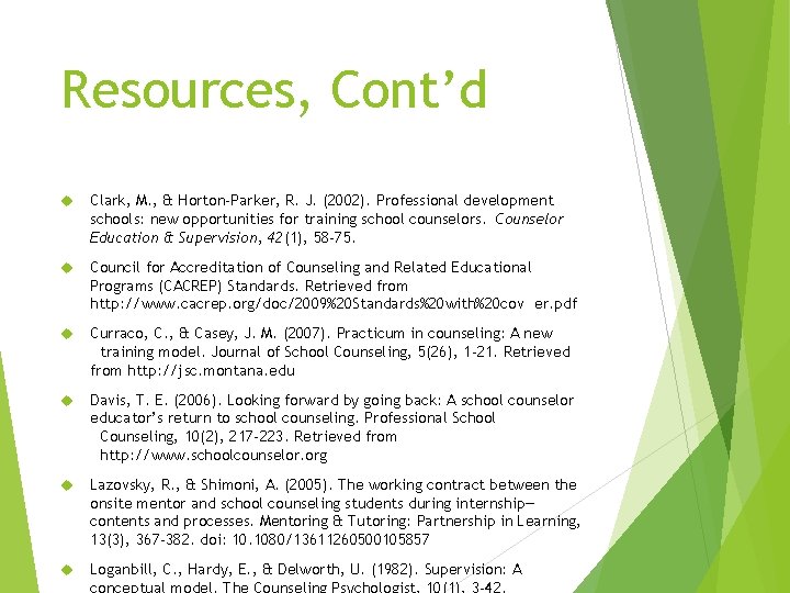 Resources, Cont’d Clark, M. , & Horton-Parker, R. J. (2002). Professional development schools: new