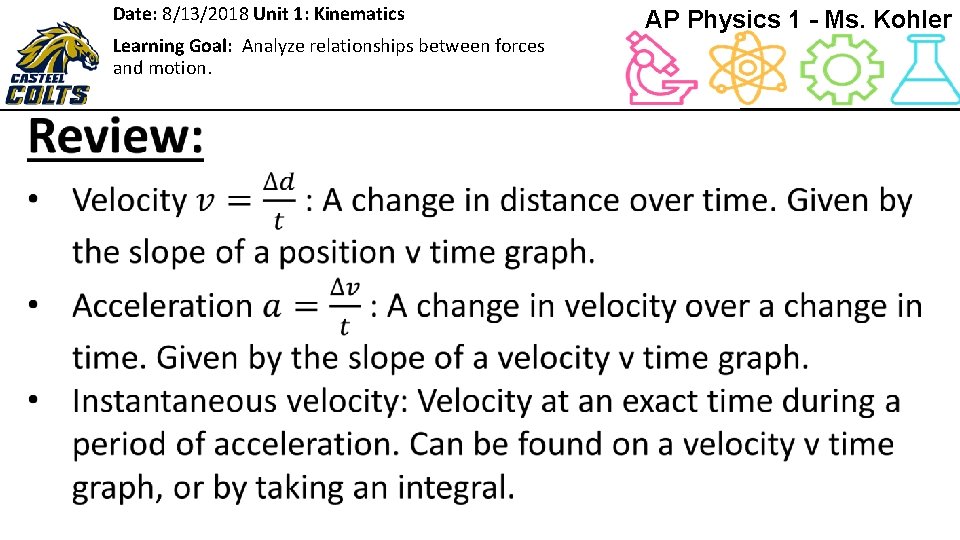 Date: 8/13/2018 Unit 1: Kinematics Learning Goal: Analyze relationships between forces and motion. AP