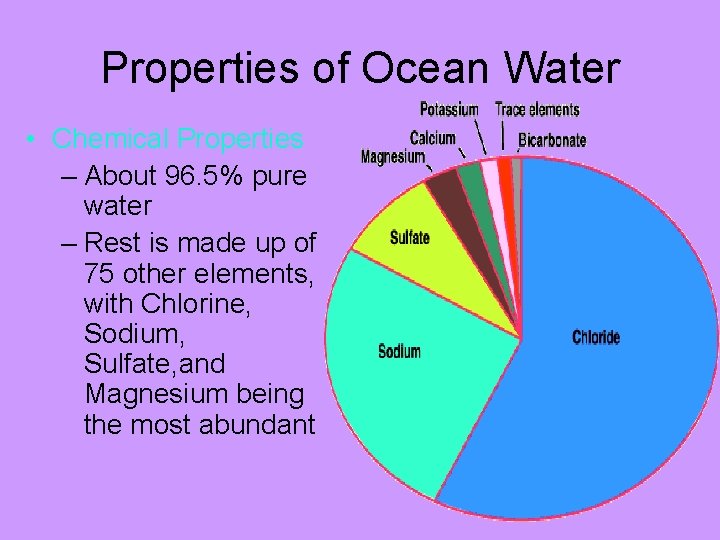 Properties of Ocean Water • Chemical Properties – About 96. 5% pure water –