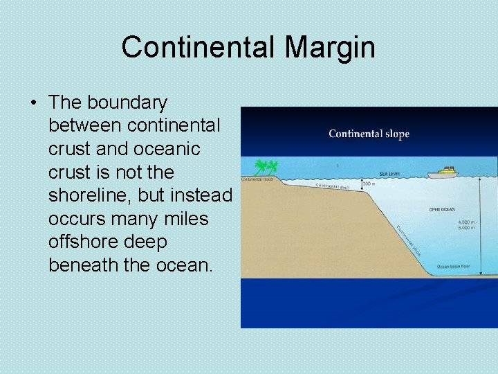 Continental Margin • The boundary between continental crust and oceanic crust is not the