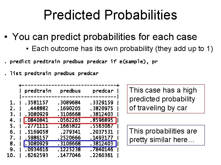 Predicted Probabilities • You can predict probabilities for each case • Each outcome has