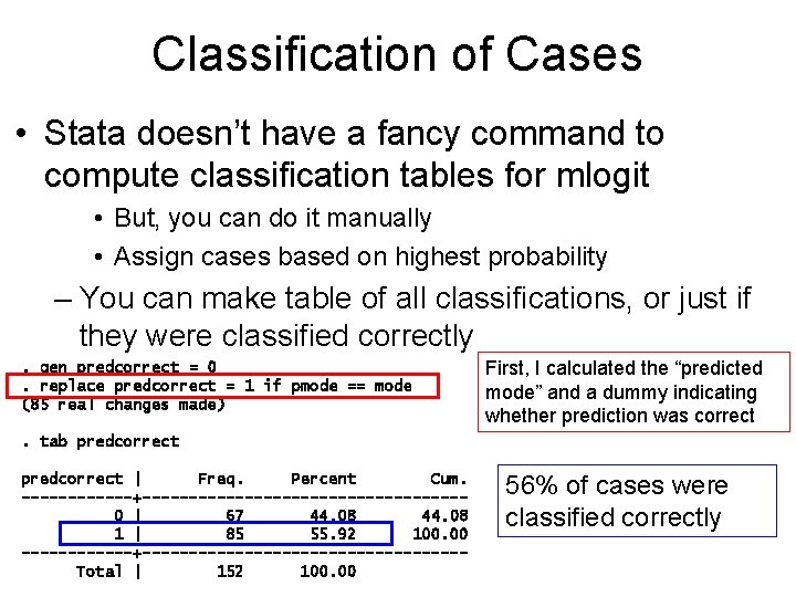 Classification of Cases • Stata doesn’t have a fancy command to compute classification tables