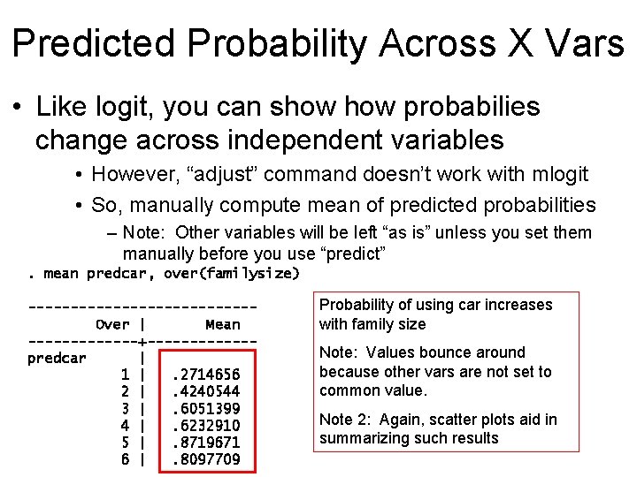 Predicted Probability Across X Vars • Like logit, you can show probabilies change across