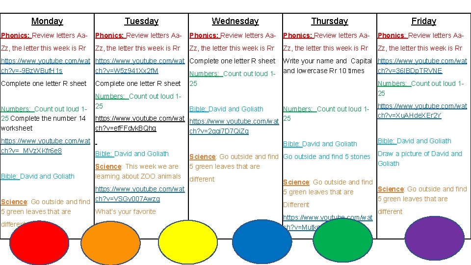 Monday Tuesday Wednesday Thursday Friday Phonics: Review letters Aa- Phonics: Review letters Aa- Zz,