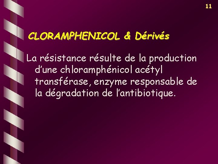 11 CLORAMPHENICOL & Dérivés La résistance résulte de la production d’une chloramphénicol acétyl transférase,