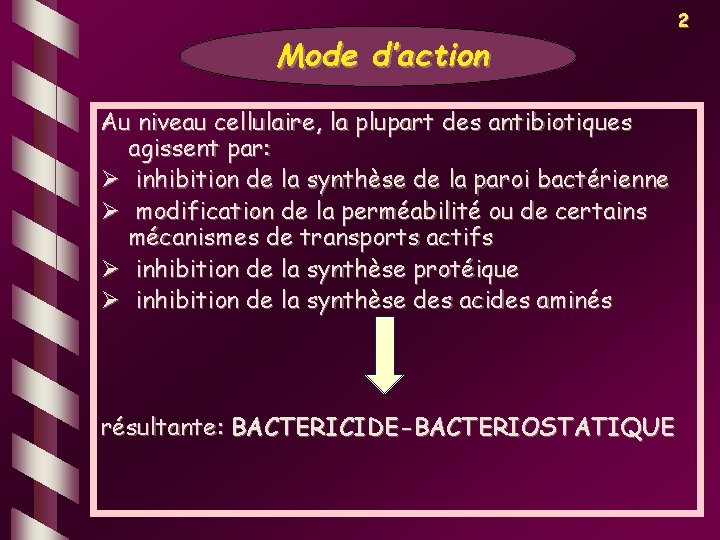 Mode d’action Au niveau cellulaire, la plupart des antibiotiques agissent par: Ø inhibition de